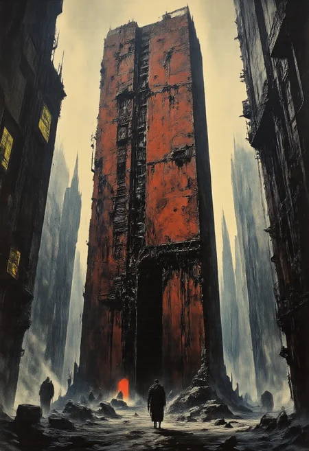 This surreal artwork depicting a dystopian cityscape under a heavy rainstorm. The scene is dominated by a massive, rusted, and decaying scifi structure, painted in shades of red and dark, with a texture that suggests years of neglect. This structure appears to be a towering, vertical building with numerous windows and vents, some of which are cracked or missing.
In the background, the cityscape features a mix of futuristic and industrial architecture, including towering strange skyscrapers and large, cylindrical structures, all covered in a thick layer of rain. The buildings are predominantly dark gray and black, with a few spots of light, possibly from streetlights or neon signs, adding contrast. The raindrops are depicted as tiny specks, creating a sense of heaviness and gloom.
In the background, a silhouettes is partially visible,  obscured by the rain,lurking, which hints at a dark fantasy or sci-fi element. The overall mood is bleak and desolate, with a focus on the harsh, gritty textures and the overwhelming presence of the rain.reflections,best quality,masterpiece,detailed,rich neon colors,glow,shimmer,cables,wires,color contrast,award-winning,disturbing,hard science fiction,futuristic,lost technology, melancholy,dramatic,tragic,visionary,sepia,dense fog,dust,(close-up),vanishing point,forced perspective,
H.R.Giger
Zdzisław Beksiński,
Philippe druillet
John Berkey
Nicola Samori
john  grimshaw