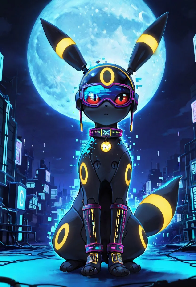 masterpiece, best quality, amazing quality, newest, absurdres, anime screencap, cinematic, no humans, zzUmbreon, sitting, (cybetron moon in the background, moon focus:1.3), (cybertron body, neon colors, LED lights, wearing cyber collar, wearing cyber helmet, wearing cyber goggles, cyber punk style, robot like, cyber punk, cybertron, at cyber city:1.2), (glitch art, virtual, geometry, local color adaptation, hdr, disintegration effect, epic:1.2), (chromatic aberration, polarized, blurry:1.2) ,<lora:UmbreonPokedex_IXL:1.0>,