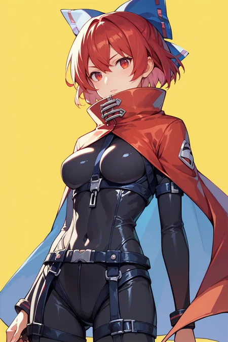 score_9, score_8_up, score_8, score_9, 1 girl, source_anime, sekibanki, black shirt, red cape, red hair, red eyes, hair bow, short hair, rock'n'rock'n'beat, bodysuit, black bodysuit, yellow background, <lora:sekibanki_pony_v2-10:1>, score_9, score_8_up, score_8, score_9, 1 girl, source_anime,