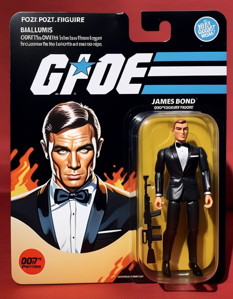 A photorealistic depiction of a boxed action figure toy, modeled after James Bond. The packaging is sleek and sophisticated, featuring a cartoon illustration of James Bond in his iconic suit and pose on one side, complementing the actual figure displayed within a clear plastic window on the other. The toy itself is meticulously detailed, capturing the suave demeanor and classic attire of the legendary spy. The box design includes the 007 logo and thematic elements reminiscent of the Bond films, such as silhouettes of cars and gadgets, set against a stylish, dark background,<lora:gonza_v2:0.75>