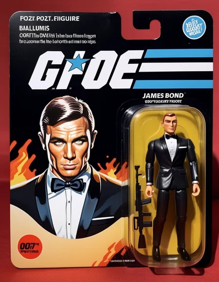 A photorealistic depiction of a boxed action figure toy, modeled after James Bond. The packaging is sleek and sophisticated, featuring a cartoon illustration of James Bond in his iconic suit and pose on one side, complementing the actual figure displayed within a clear plastic window on the other. The toy itself is meticulously detailed, capturing the suave demeanor and classic attire of the legendary spy. The box design includes the 007 logo and thematic elements reminiscent of the Bond films, such as silhouettes of cars and gadgets, set against a stylish, dark background,<lora:gonza_v2:0.75>