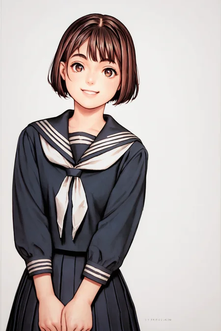 score_9, score_8_up, score_7_up, <lora:Tsukasa_Jun_Pony_dim32-000035:0.9>, 1girl, solo, school uniform, brown hair, short hair, brown eyes, serafuku, white background, smile, skirt, simple background, pleated skirt, black serafuku, bob cut, looking at viewer, long sleeves, neckerchief, bangs, white neckerchief, v arms, black skirt