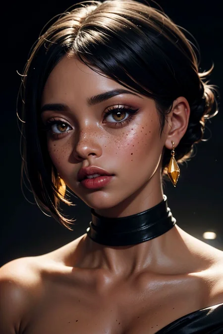 an eye contact of a Ugandan woman, (black skin:1.3), yellow spotlight, dark theme, lonely, Lavish, Matte black eyeshadow with a cut crease, metallic lipstick, golden ratio, Almond-shaped eyes, Freckles, indietronica, soft lighting, bokeh