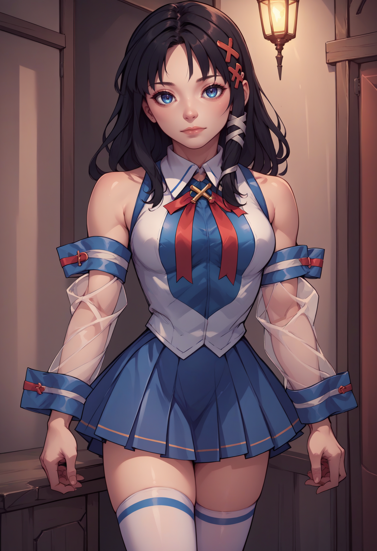 score_9, score_8_up, score_7_up, score_6_up, score_5_up, score_4_up, rating_questionable, BREAK, wrapping arms around legs, <lora:os-tan_xp-tan_ponyXL-04:.95> xp-tan, black hair, x hair ornament, sleeveless shirt, detached sleeves, see-through, blue skirt, white thighhighs, bare shoulders, proud <lora:mfcgXL:.5>