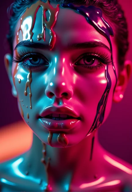bv-colpaidri. A close-up of a young woman with metallic paint accents across their face, the paint highlighting specific features, focusing on their dreamy expression, illuminated by reflective neon lights, set against a soft gradient background to create a vivid contrast, <lora:bv-colorful-paint-dripping-v1.safetensors:0.7000000000000001:0.7000000000000001>