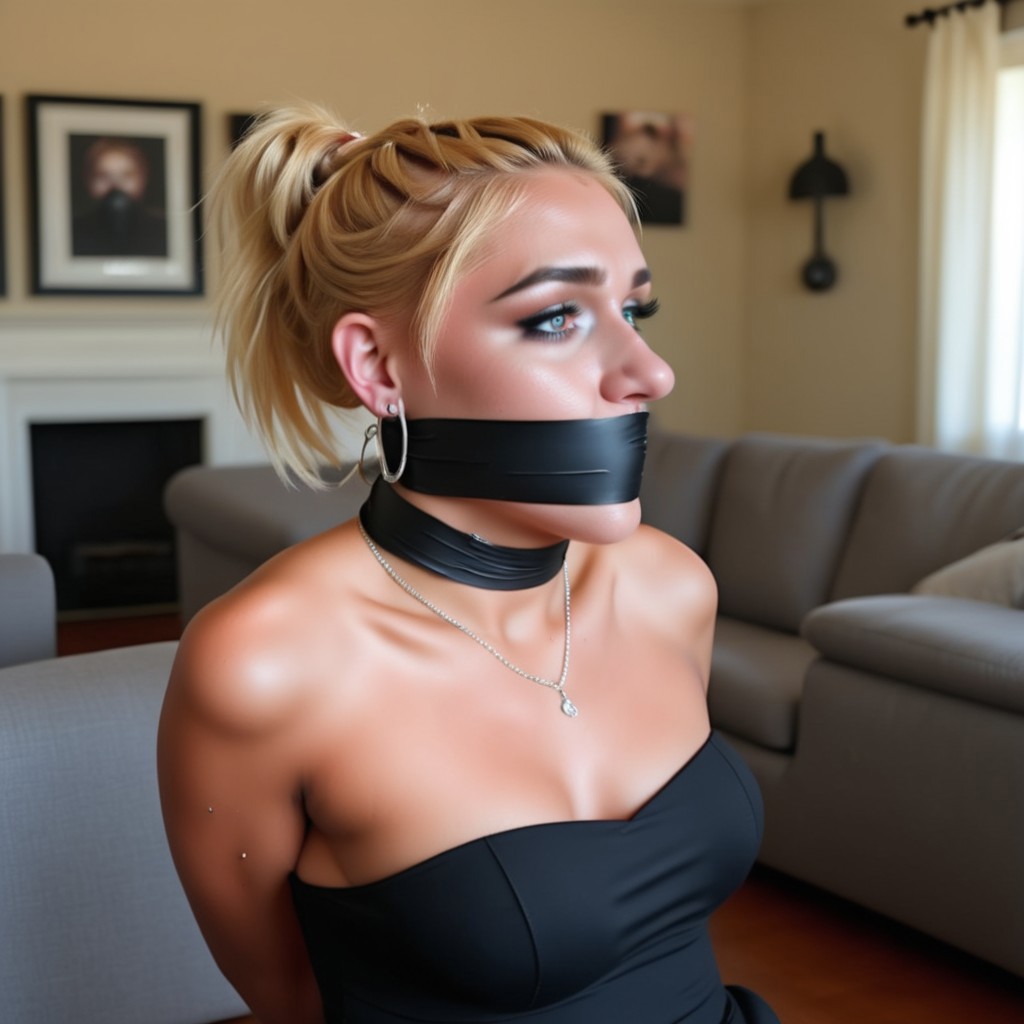 bondage, blond hair, profile view, strapless, living room, couch sleeveless shirt, nipple piercing, makeup, body freckles, black choker, gag, navel, sitting