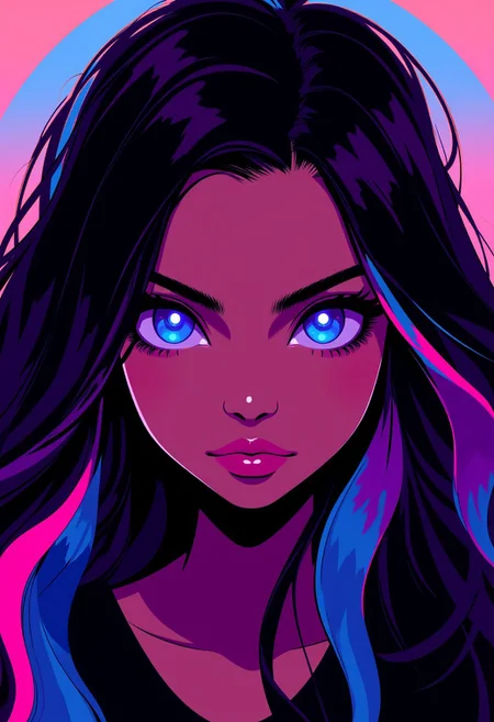 Inkpunk Anime, a portrait of a woman, glowing blue eyes, colorful, long black hair,