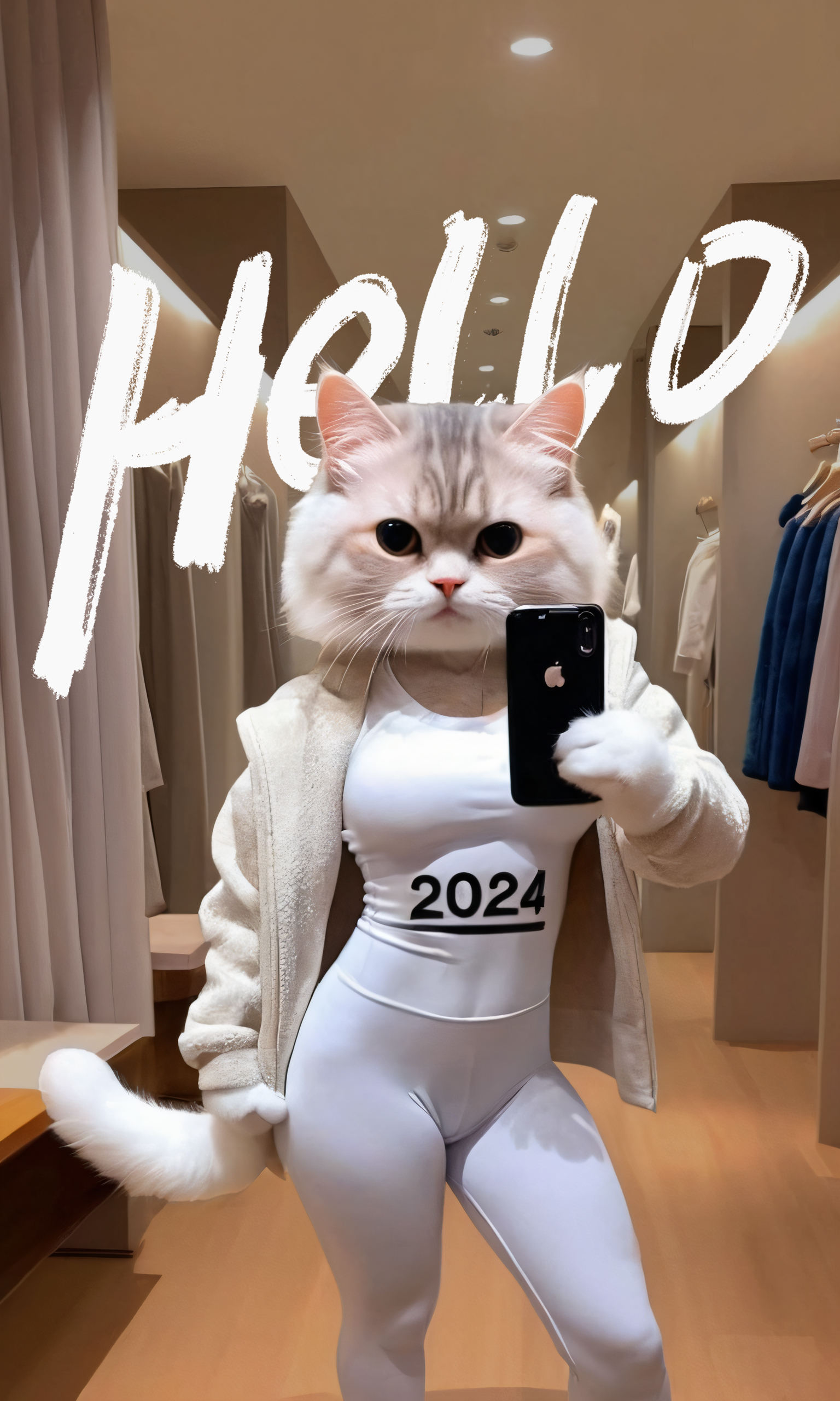  happy,Cute Miss Cat,Wearing a bodysuit with the "2024-HELLO" text logo, dressed in bodybuilding attire, holding up his phone to take selfies