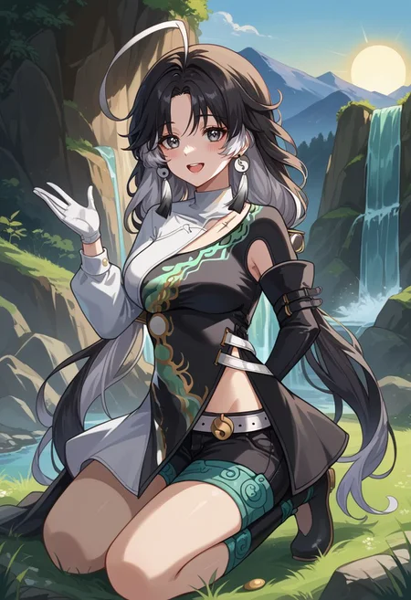 score_9, score_8_up, score_7_up, source_anime, 1girl, jianxindef, grey eyes, black hair, white hair, grey hair, multicolored hair, long hair, low twintails, ahoge, earrings, jewelry, yin yang, tassel, medium breasts, long sleeves, dress, chinese clothes, clothing cutout, white gloves, black gloves, asymmetrical gloves, white belt, black shorts, short shorts, bandages, single thighhigh, black footwear, boots, wariza, kneeling, open mouth, smile, blush, looking at viewer, outdoors, grass, nature, rocks, waterfall, mountain in the background, sun, facing viewer, upper body, from behind, back, looking back, <lora:Jianxin_v1-000010:1>