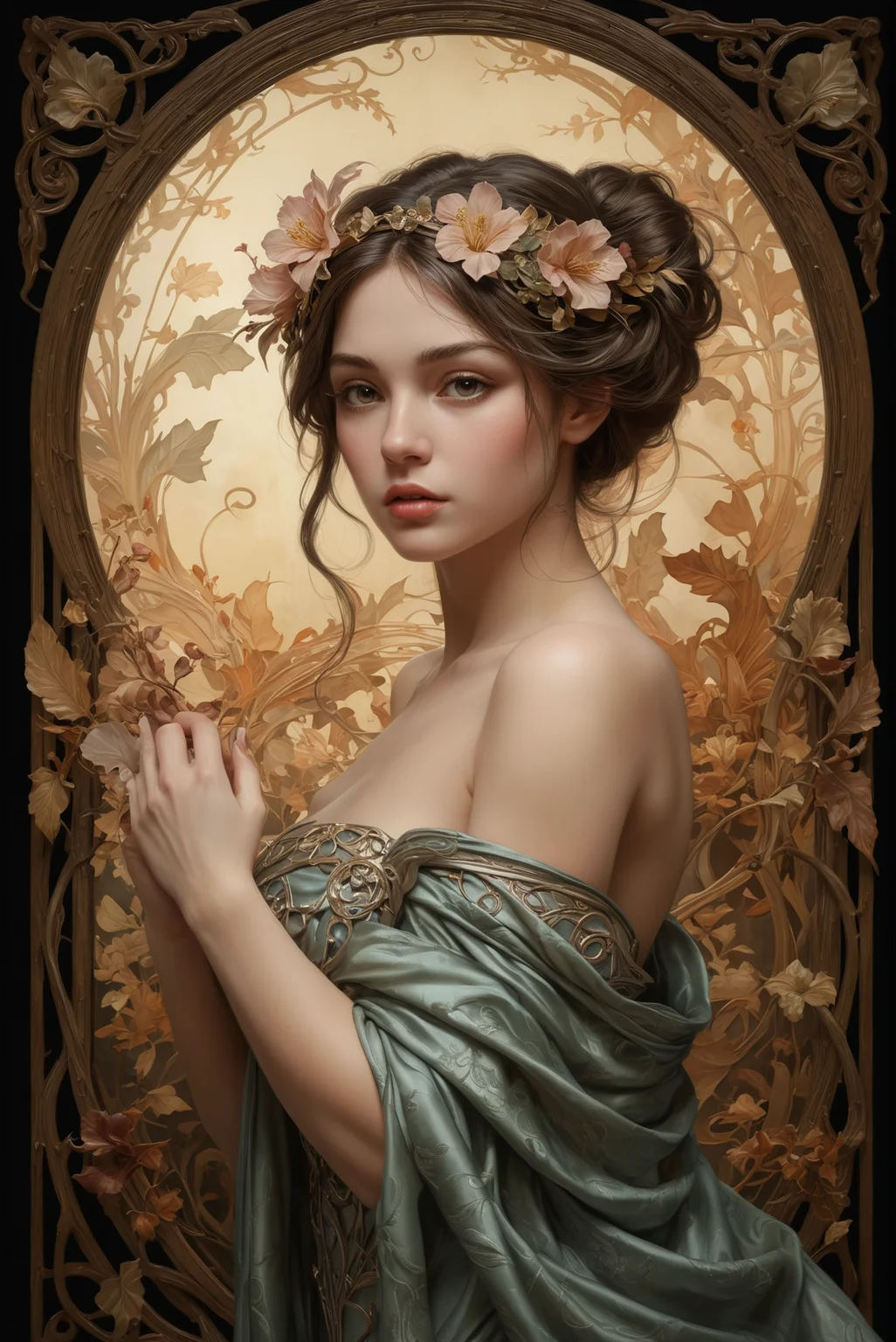 famous artwork by (brian froud:1.1) and (frank frazetta:1.1) and (jay anacleto:1.3) and (scott m. fisher:1.2), (dramatic scene:1.3), (fractal art:1.2), dynamic angle, Elegant Art Nouveau Ambiance: Enter a world where (graceful curves and floral motifs:1.2) define the Art Nouveau aesthetic, infusing spaces with an air of refined elegance. Marked by (intricate patterns and flowing lines:1.3), it creates a symphony of (visual harmony and organic beauty, transporting observers to an era of unmatched Art Nouveau sophistication:1.2). Embracing elegant Art Nouveau ambiance cultivates an environment of timeless allure and artistic inspiration, enveloping viewers in the graceful essence of Art Nouveau innovation and its enduring charm, encouraging them to revel in the splendor of organic forms with hearts filled with admiration and fascination. ,
an nestled female with smooth skin skin, looking Pensive, Eyes focused inward, brow furrowed, and lips pursed. into the camera <lora:add-detail-xl:3>