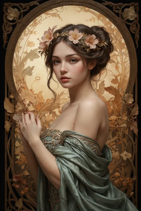 famous artwork by (brian froud:1.1) and (frank frazetta:1.1) and (jay anacleto:1.3) and (scott m. fisher:1.2), (dramatic scene:1.3), (fractal art:1.2), dynamic angle, Elegant Art Nouveau Ambiance: Enter a world where (graceful curves and floral motifs:1.2) define the Art Nouveau aesthetic, infusing spaces with an air of refined elegance. Marked by (intricate patterns and flowing lines:1.3), it creates a symphony of (visual harmony and organic beauty, transporting observers to an era of unmatched Art Nouveau sophistication:1.2). Embracing elegant Art Nouveau ambiance cultivates an environment of timeless allure and artistic inspiration, enveloping viewers in the graceful essence of Art Nouveau innovation and its enduring charm, encouraging them to revel in the splendor of organic forms with hearts filled with admiration and fascination. ,
an nestled female with smooth skin skin, looking Pensive, Eyes focused inward, brow furrowed, and lips pursed. into the camera <lora:add-detail-xl:3>