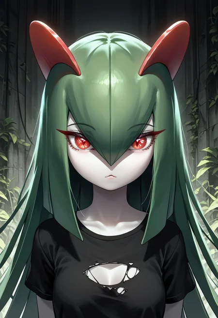 (((Kirlia))), female, anthro, pale white skin, score_9,score_8_up,score_7_up, masterpiece, best_quality, ultra-detailed, masterpiece, 1girl, solo, kirlia, black hair, very long hair, red eyes, cute, perfect face, thick eyeliner, hourglass body, high quality, low light, dramatic lighting, darkness, intricate details, portrait, ((face focused)), wearing ripped dirty black t-shirt, detailed background, post-apocalypse background, ruined house, overgrown with plants, (perfect eyes:1.3,((cat pupils))),dvr-lnds-sdxl, combinestyle