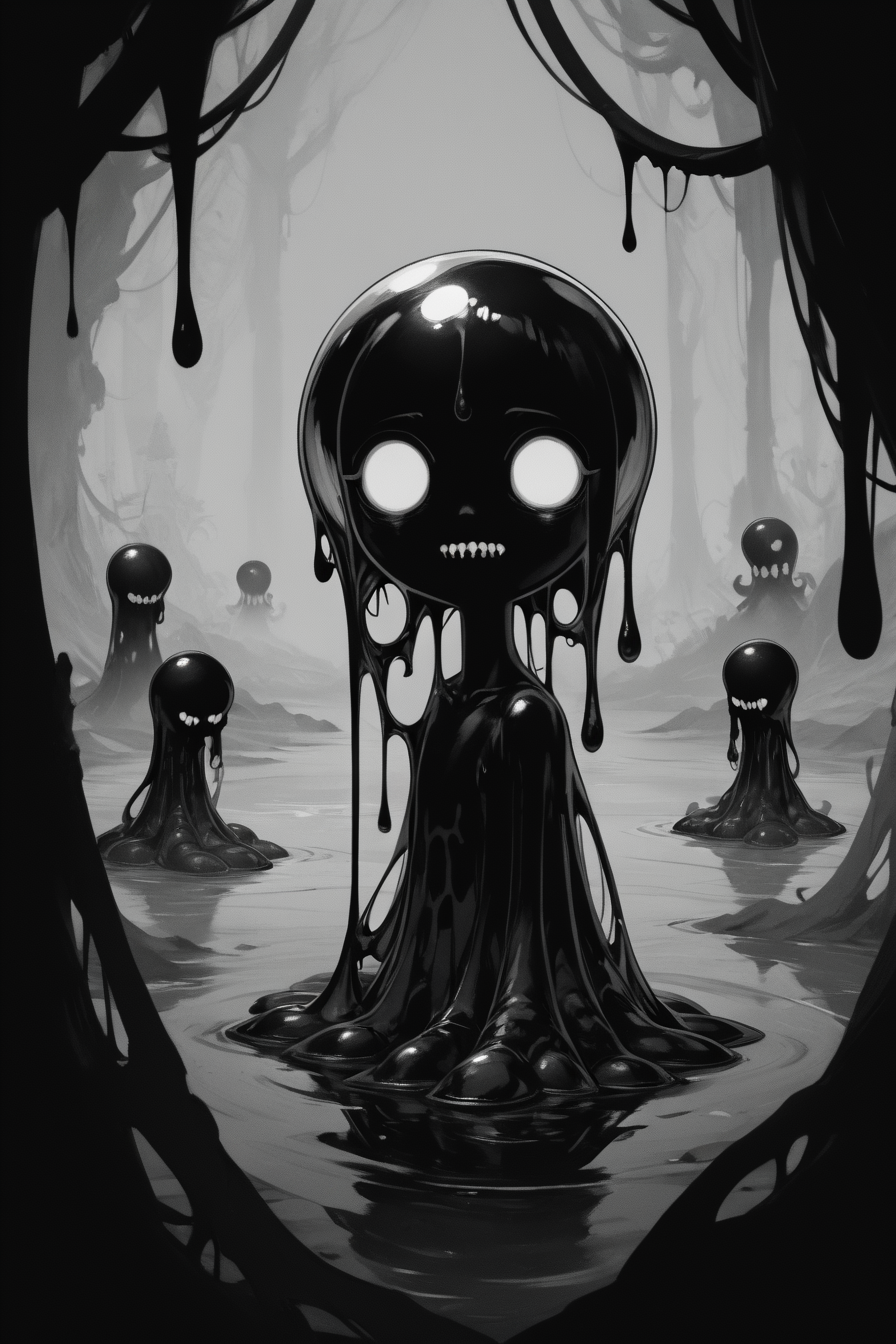 score_9, score_8_up, score_7_up, score_6_up, score_5_up, score_4_up, <lora:GRIM_v1:1>  greyscale, monochrome, limited palette, horror (theme), eldritch abomination, chaotic, silhouette,, <lora:wizardslimev15-t:1> wizardslimus, slime skin, transparent head, transparent body, transparent hair, transparent face, transparent, slime girl