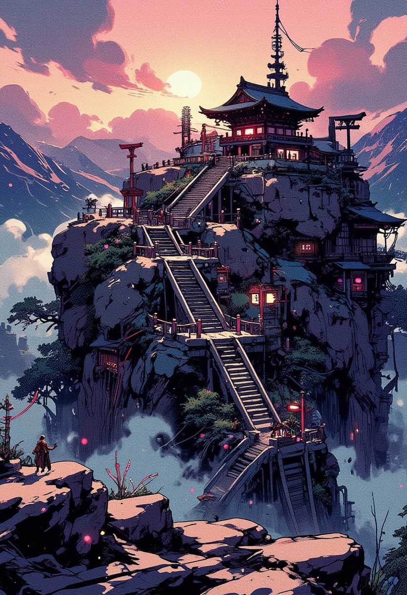 Mh1$AgThS2, intricate linework with expressive contrasts, soft lighting with dynamic highlights, A digital artwork in the style of cknc, image of a shinto shrine set high in the mountains, with a long staircase leading up with several tori gates overarching the staircase, with a faint mist settling in the ravine behind, rocky, woodland, sunset
