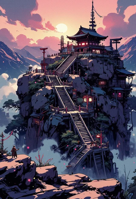 Mh1$AgThS2, intricate linework with expressive contrasts, soft lighting with dynamic highlights, A digital artwork in the style of cknc, image of a shinto shrine set high in the mountains, with a long staircase leading up with several tori gates overarching the staircase, with a faint mist settling in the ravine behind, rocky, woodland, sunset