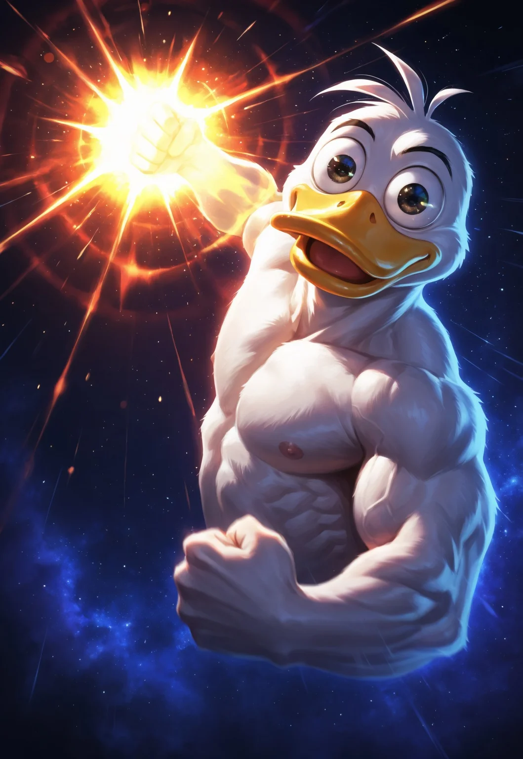 masterpiece, high quality, best quality, very aesthetic, absurdres, extremely detailed, realistic, volumetric lighting, (male focus, gay, male only), dynamic pose, dynamic angle,, 1boy, solo, duckboy, thick bill, portrait, shallow depth of field, bokeh, dutch angle, close-up, looking sideway, huge eyes, ahoge, googly eyes, funny, flexing biceps, muscular duck, INCPUV1.0, punching, incoming attack, incoming punch, dimensional distortion, galaxy punch