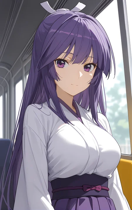 (score_9, score_8_up, score_7_up), looking at viewer, light smile, closed mouth, shiny skin, tight clothes,
ohwx, 1girl, solo, solo_focus, purple_eyes, long_hair, japanese_clothes, purple_hair, very_long_hair, breasts, ponytail, long_hair, breasts, large_breasts,
japanese_clothes, kimono, sash, kimono, skirt, hakama, hakama_skirt, purple_hakama, white_kimono,
blurry, cowboy shot, dutch angle, train interior, scenery, seat, vanishing point, sunlight, (upper body, close-up:1.5),
<lora:miya_asama_pony_ss-000002:1>