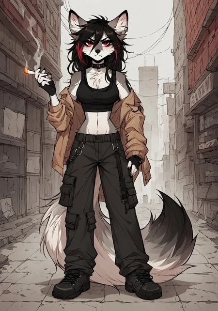safe_pos, score_9_up, score_8_up, score_7_up, score_6_up, source_furry, (best quality:1.1), ultra-detailed, high resolution, highly detailed macro illustration, solo BREAK 1girl, Rixa, anthro, female, (gray and white fur), animal ears, black ear tips, thin black eyebrows, black animal nose, (beautiful red eyes:1.4), (long eyelashes:1.2), (long black hair, red tipped hair), striped fluffy tail, breasts, narrow waist, fangs, (angry expression, evil face:1.2), frown, top, leather jacket, combat pants BREAK mikus-concept, full body, standing, hand on hips, smoking, large cigarette, smoke BREAK (detailed background), outside, city, industrial district, smog BREAK sharp focus, perfect lighting, anatomically correct, extremely detailed, high detail, detailed background,