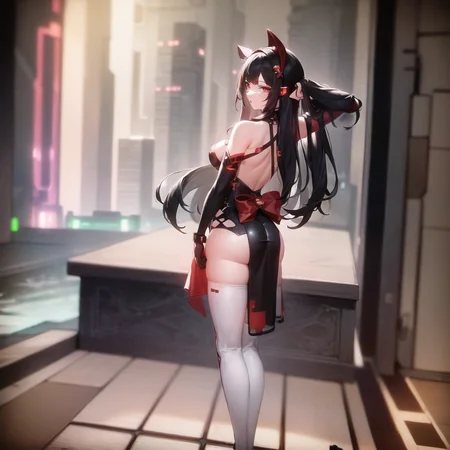 Masterpiece, (photorealistic:1.1), best quality, beautiful lighting, detailed, RAW photo, anna, 1girl, solo, bangs, (black_hair:1), (red_dress:1), (lying on the sofa), (red_headwear), (maid_red_hair_accessories), (full body), bare_shoulders, (small breasts), bridge, hair_ornament, brown_eyes, long_hair, looking_at_viewer, (white_boots:1.1), lie on the floor, (cyberpunk city), flower, <lora:Anna2_TOF_v1.2:1>