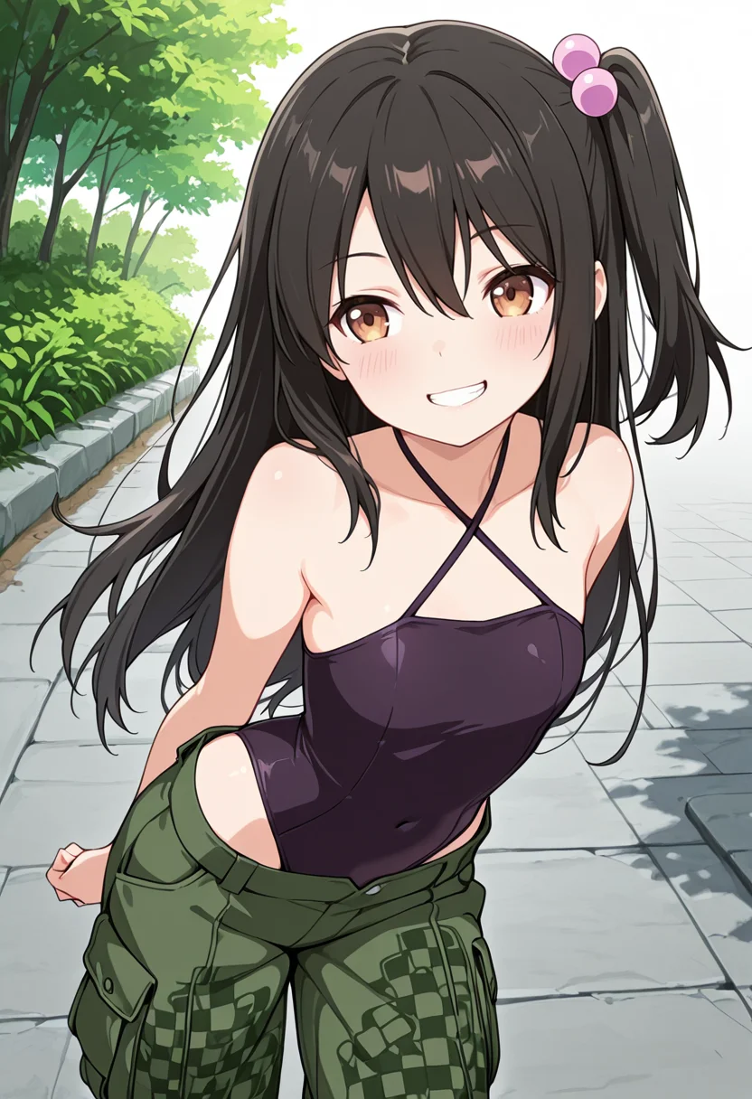 masterpiece,high quality details,
outdoors,
<lora:Adachi_Tenka:0.8> tenka_cnr, 1girl, black hair, long hair,brown eyes,hair between eyes, one side up,, grin,blush,, criss-cross halter,leotard ,cargo pants, ,checkered legwear,