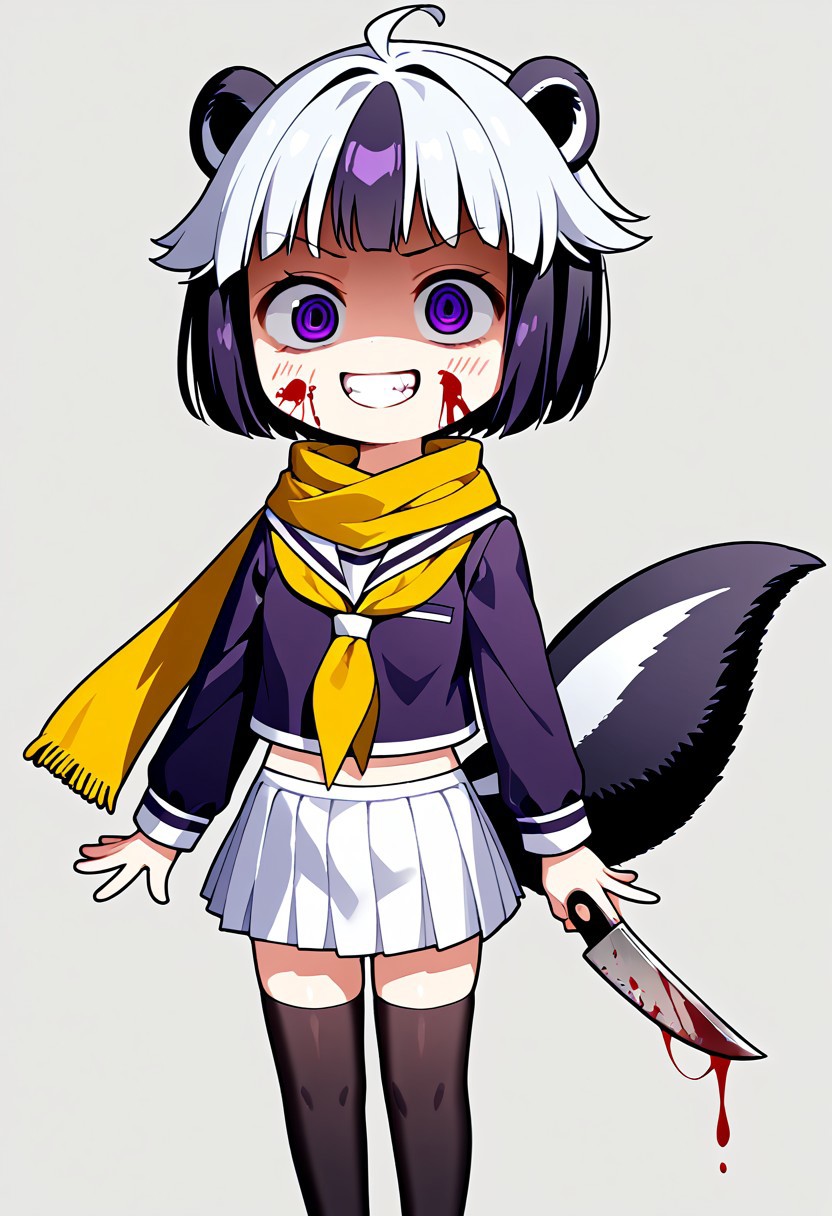 score_9, score_8_up, score_7_up, score_6_up, score_5_up, score_4_up,, 1girl, solo, original anime, Teru Anamitsu (hair: short, two-tone), skunk tail, flat chest, chibi, (purple eyes: 1.3).
Skirt, pleated skirt, serafuku, white skirt, shirt, purple shirt, sailor collar, white sailor collar, long sleeves, scarf, yellow scarf, black stockings, knee-high socks.
<lora:evil-grin-ponyxl-lora-nochekaiser:1>, evil grin, evil smile, grin, evil eyes, crazy eyes, teeth, shaded face, blood, aura, blood on face,,, looking at viewer, blush, knift, holding knife,, , cowboy shot, solo