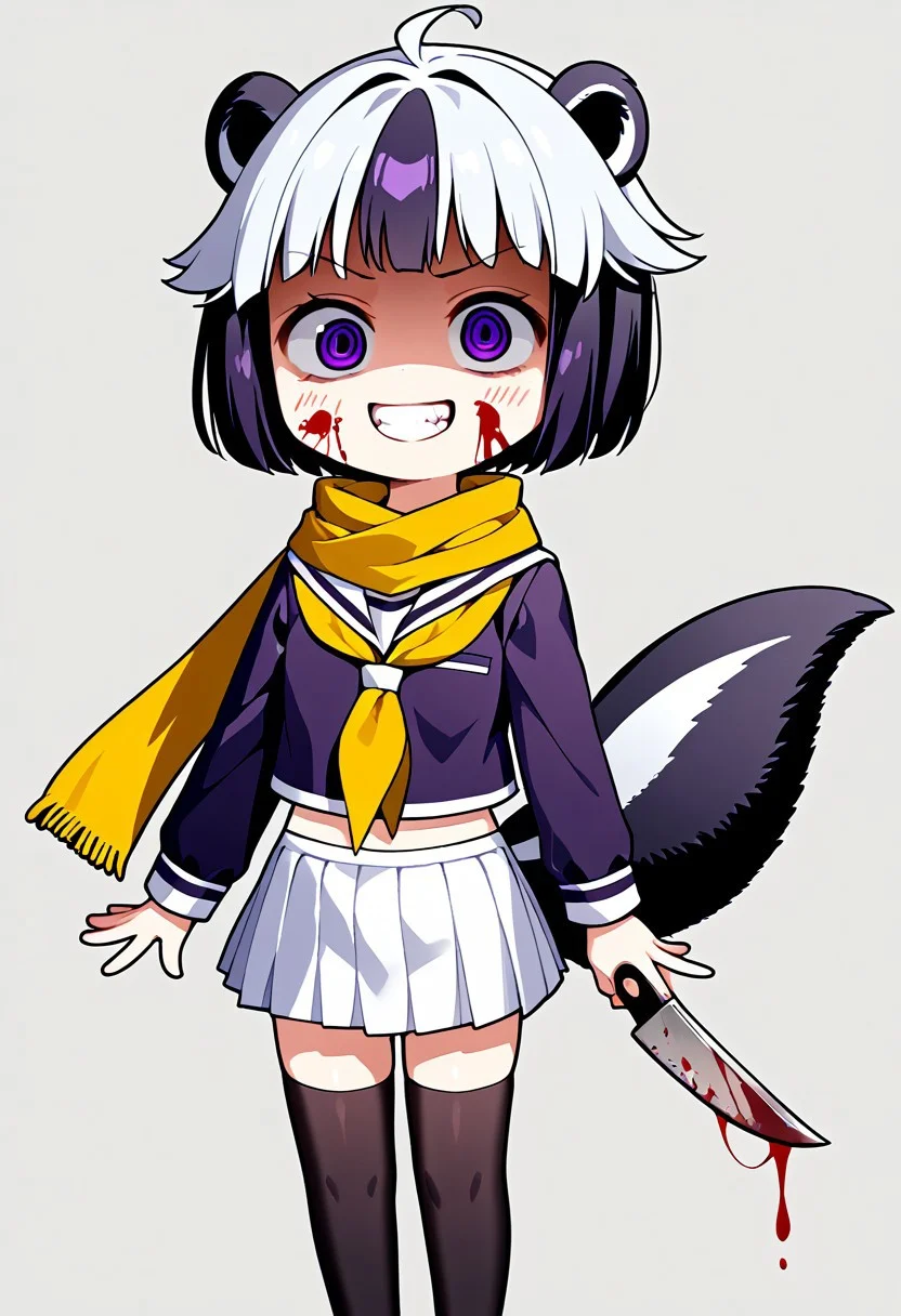 score_9, score_8_up, score_7_up, score_6_up, score_5_up, score_4_up,, 1girl, solo, original anime, Teru Anamitsu (hair: short, two-tone), skunk tail, flat chest, chibi, (purple eyes: 1.3).
Skirt, pleated skirt, serafuku, white skirt, shirt, purple shirt, sailor collar, white sailor collar, long sleeves, scarf, yellow scarf, black stockings, knee-high socks.
<lora:evil-grin-ponyxl-lora-nochekaiser:1>, evil grin, evil smile, grin, evil eyes, crazy eyes, teeth, shaded face, blood, aura, blood on face,,, looking at viewer, blush, knift, holding knife,, , cowboy shot, solo