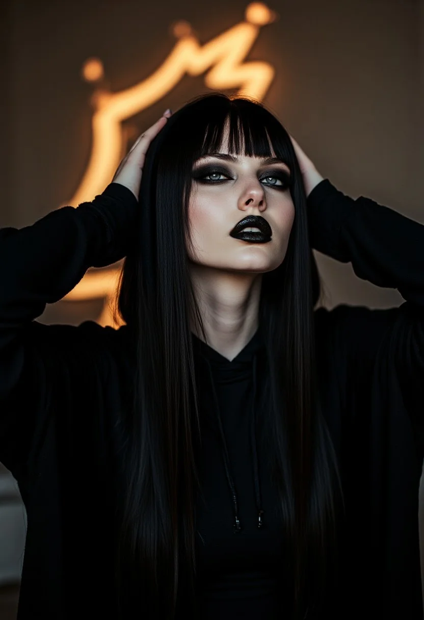FictionalCrystal, goth girl with heavy black eye makeup and black lipstick. arms stretched, gaze at the sky, wearing a black hooded robe. Background of a burning lightningbolt symbol. Text on screen "Satan grant me buzz"