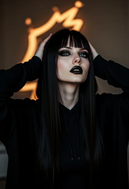 FictionalCrystal, goth girl with heavy black eye makeup and black lipstick. arms stretched, gaze at the sky, wearing a black hooded robe. Background of a burning lightningbolt symbol. Text on screen "Satan grant me buzz"