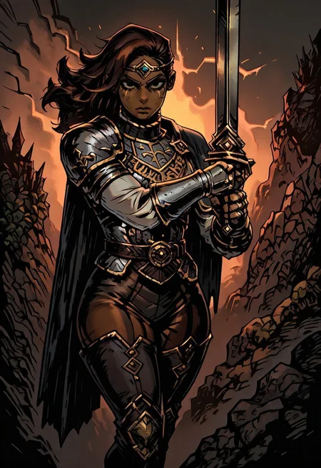 masterpiece, best quality, newest, absurdres, highres,
black eyes, shaded eyes,
DDstyle, official style, TTCSV1.0
1girl, DDDuelist-V1.1, dark skin, dark-skinned female, armor, circlet, cape, belt, dredlocks, brown hair, gauntlets, belt, pants, leather pants,
holding, holding weapon, holding sword, sword, dynamic pose, fighting stance,