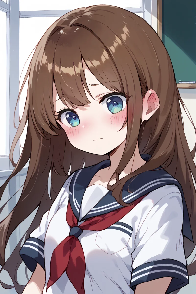 score_9, score_8_up, score_7_up, score_6_up,
 <lora:Kihyahya:1> kihyahya, brown hair, blue eyes, school uniform, 1girl, blush, serafuku, long hair, red neckerchief, neckerchief, short sleeves, shirt, closed mouth