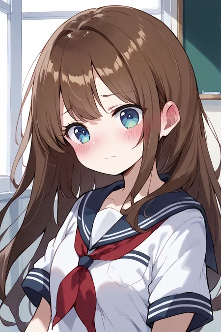 score_9, score_8_up, score_7_up, score_6_up,
 <lora:Kihyahya:1> kihyahya, brown hair, blue eyes, school uniform, 1girl, blush, serafuku, long hair, red neckerchief, neckerchief, short sleeves, shirt, closed mouth