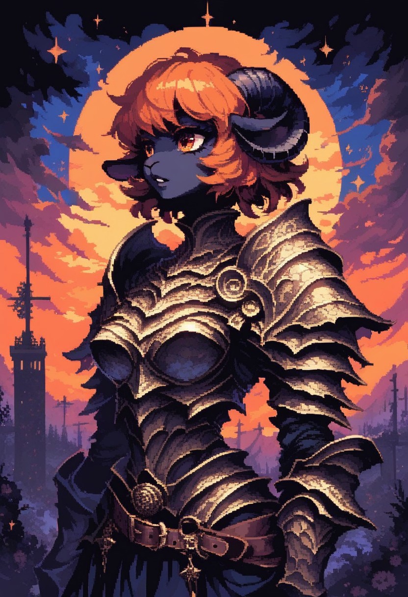 score_9, score_8_up, score_7_up, ultra quality, d3p1x3l, pixel art, fantasy, solo, 1girl, sheep girl, anthro, (black fur), orange hair, fur tuft, mixed black armor, cloth belt armor, goggles, standing, upper body, parted lips, looking away, dutch angle, fantasy plains, evening, shooting stars, water streams, ruined structures, electric haze