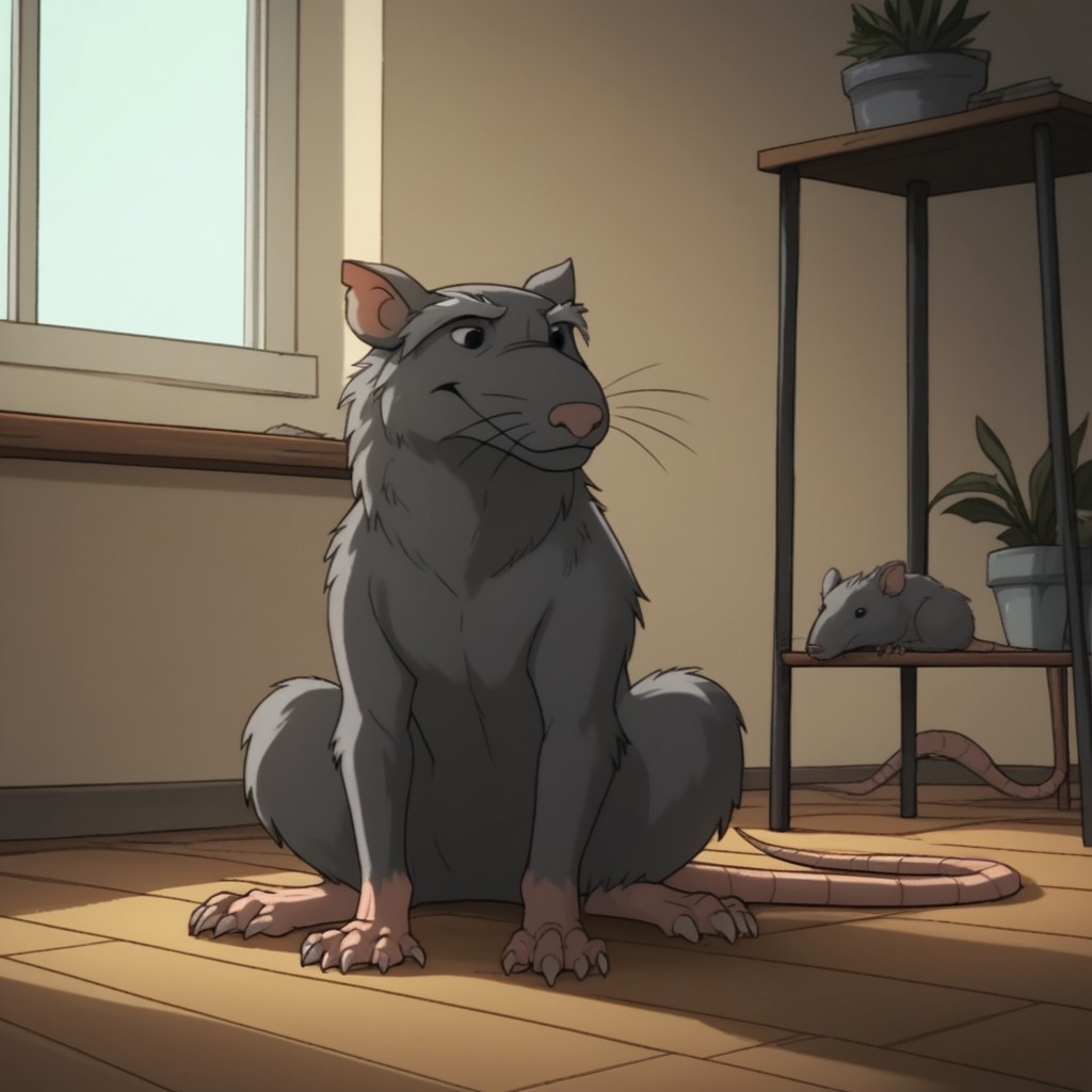 score_9, score_8_up, score_7_up, score_6_up, score_5_up, score_4_up, source_furry, Splinter03v2, feral, male, rat, grey fur, black eyes, rat tail,  inside, sitting