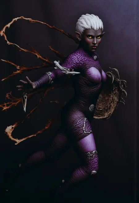 b3rs3rk macro lens d4concept pov, 3D01S, simple background d4artstyle atmospheric and powerful MikeFranchinastyle dark fantasy, natural organic and first person pov of a berserk style creature in the Tsutomu Nihei style
Dark elf warrior, ebony skin with a slight metallic sheen, contrasting shock-white hair ranging from short and tousled to long and flowing. Sharp, angular facial features with high cheekbones and pointed ears. Piercing eyes that glow with inner light, colors varying from amber to pale lavender. Athletic, lithe body clad in intricate, form-fitting armor made of overlapping weaved plates and scales in deep dark purples, blacks, and gunmetal grays. PaperStyle Armor design includes ornamental bladed edges, suggesting both protection and offensive capabilities. Wielding an assortment of elemental weapons including curved katanas, poison bottes, and magical whips made of crackling energy. Poses range from dramatic action stances to regal portraits, conveying both lethal grace and commanding presence. Background shadowy caverns. Art style spans from highly detailed digital paintings to stylized fantasy illustrations, with emphasis on dramatic lighting and shadow play to accentuate the character's mysterious and dangerous aura
UHD letterboxed game trailer frame chromatic aberration dark atmosphere sharp masterpiece with a focus on the character, elden ring, dark atmosphere