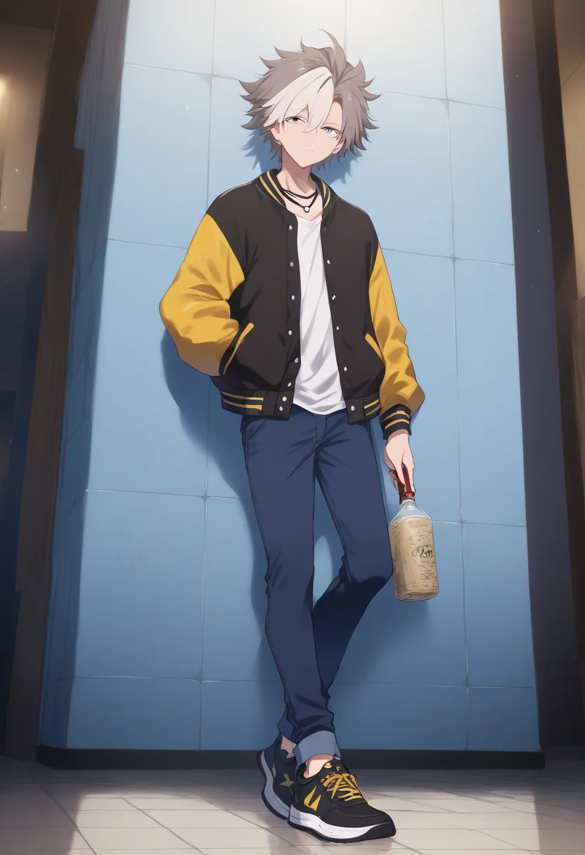 <lora:Takuma_Seiya>,takuma kibakura,takuma kibakura\(Shadowverse Flame\),1boy,hand in pocket,pants,tiles,tile wall,black footwear,holding,shirt,shoes,dark blue pants,male focus,full body,standing,white shirt,jewelry,yellow-black letterman jacket,open jacket,sneakers,open clothes,tile floor,indoors,closed mouth,necklace,yellow jacket,crossed legs,jeans,looking at viewer,masterpiece,high score,great score,absurdres,