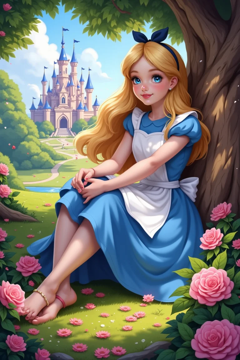 very detailed realistic photography of AliceWaifu, she is sitting next to a big tree, castle in the back very colorful, legs and arms together in a cute way, solo focus, roses around, dress, hair bow, a lot of flowers, castle, bridal, magic particles, pastel colors, perfect composition, dynamic shot, portrait, realism, realistic