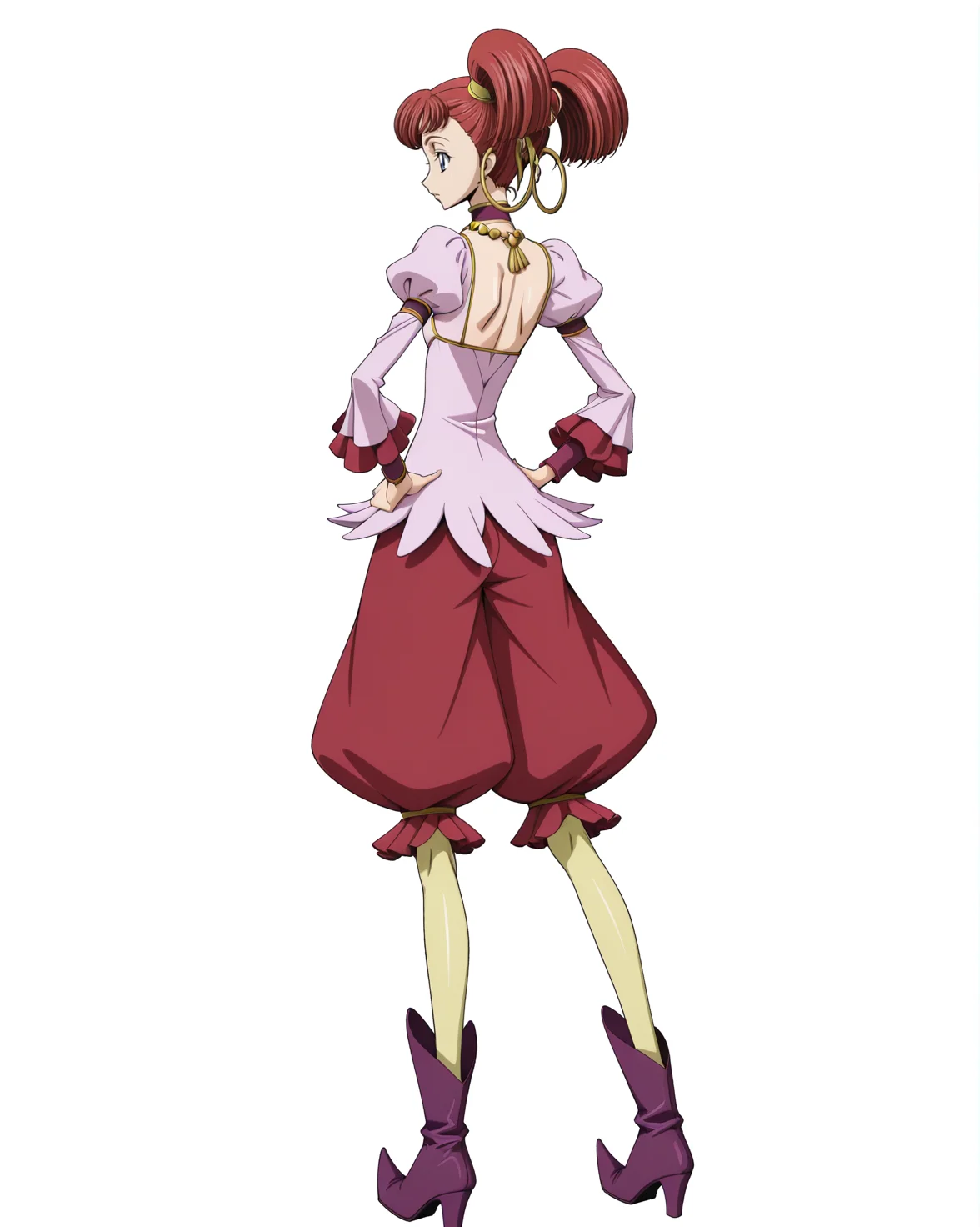 anime coloring,anime screencap,
highres,best quality,masterpiece,
shiny skin,
BREAK
<lora:transparent-background-illustriousxl-lora-nochekaiser:1>,transparent background,(white background:1.1),
Code Geass,
BREAK
<lora:Carine_ne_Britannia_Code_Geass_IL:1>,carbritan,1girl,solo,flat chest,twintails,blue eyes,red hair,short twintails,earrings,short hair,
long sleeves,jewelry,boots,shoes,choker,puffy sleeves,necklace,high heels,juliet sleeves,hoop earrings,ankle boots,red shorts,purple footwear,puffy_pants,pointy footwear,yellow pantyhose,
full body,hands on own hips,standing,back,