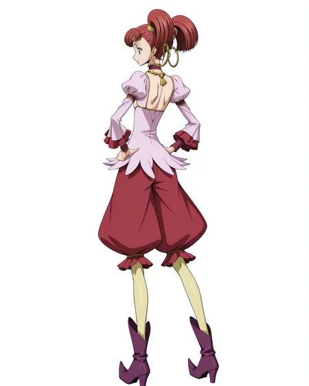 anime coloring,anime screencap,
highres,best quality,masterpiece,
shiny skin,
BREAK
<lora:transparent-background-illustriousxl-lora-nochekaiser:1>,transparent background,(white background:1.1),
Code Geass,
BREAK
<lora:Carine_ne_Britannia_Code_Geass_IL:1>,carbritan,1girl,solo,flat chest,twintails,blue eyes,red hair,short twintails,earrings,short hair,
long sleeves,jewelry,boots,shoes,choker,puffy sleeves,necklace,high heels,juliet sleeves,hoop earrings,ankle boots,red shorts,purple footwear,puffy_pants,pointy footwear,yellow pantyhose,
full body,hands on own hips,standing,back,