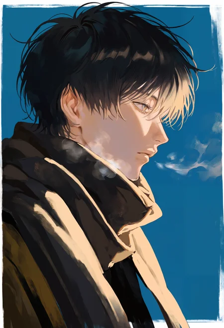 masterpiece, highres, absurdres, newest, very awa, painting \(medium\), portrait, dark background, blue background, flat color, 1boy, solo, male focus, black hair, bangs, scarf, white border, breath, from side, profile, looking afar, <lora:spo_sdxl_10ep_4k-data_lora_webui>, <lora:NOOB_EPSv1_1_detailer_by_vlnvk_v1_0:0.5>, <lora:illustrious_noobai_epsilon_pred_1_best_quality_v1:0.7>, <lora:noobai_ep11_stabilizer_v0.30_fp16:0.4>, <lora:ndsoda:0.85>,