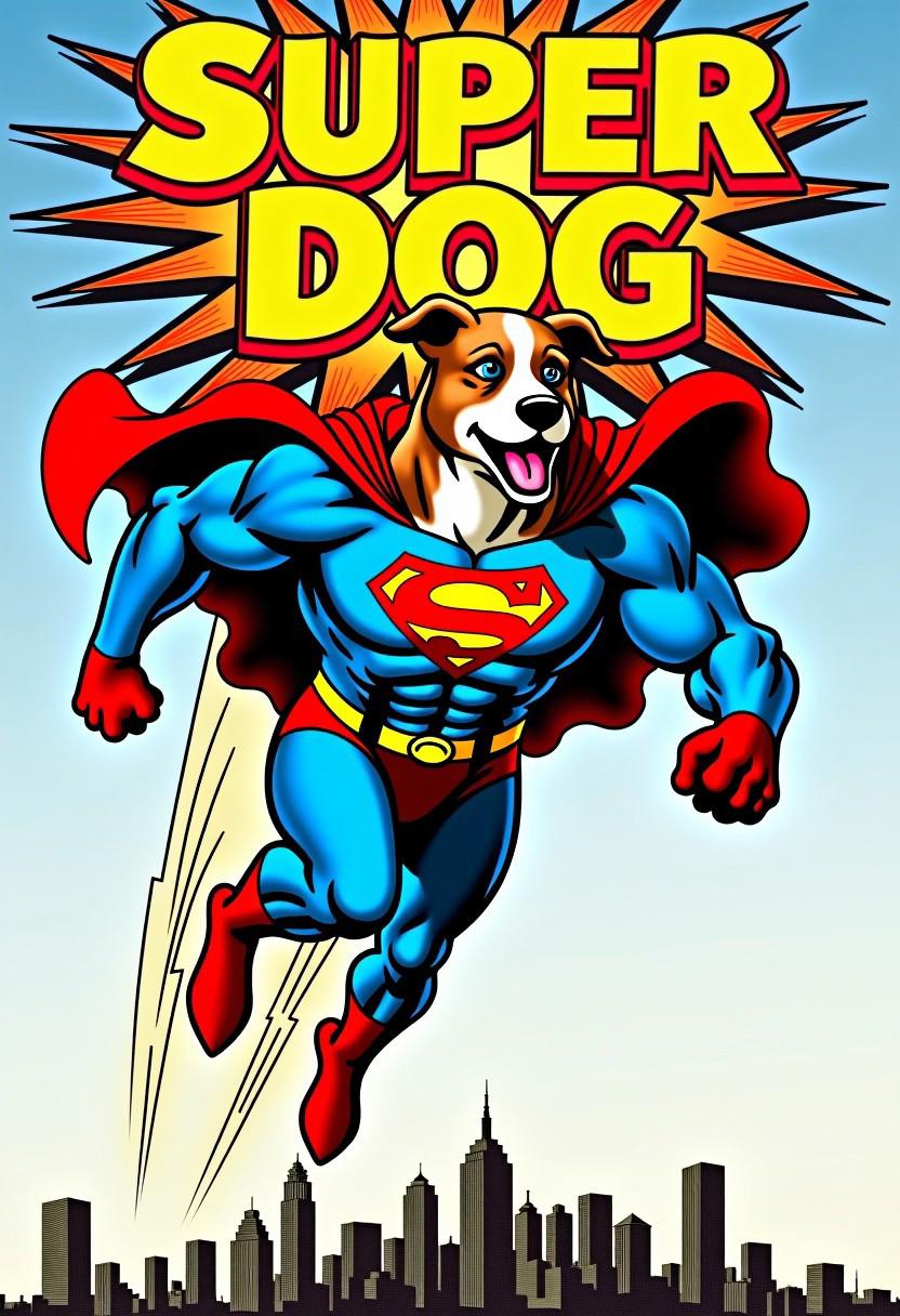 Comic-style movie poster for 'Super Dog'. Anthropomorphized muscular canine hero soaring through the sky, wearing a blue costume with red cape and boots. Bold 'SD' emblem on chest. Dog's face determined, tongue flapping in the wind. Exaggerated muscular anatomy in classic American comic book style. City skyline below, dynamic speed lines around the character. Title 'SUPER DOG' in large, comic-book font at the top, with a starburst effect behind it. Vibrant primary colors, heavy black outlines, and halftone dot shading for authentic comic book feel.
