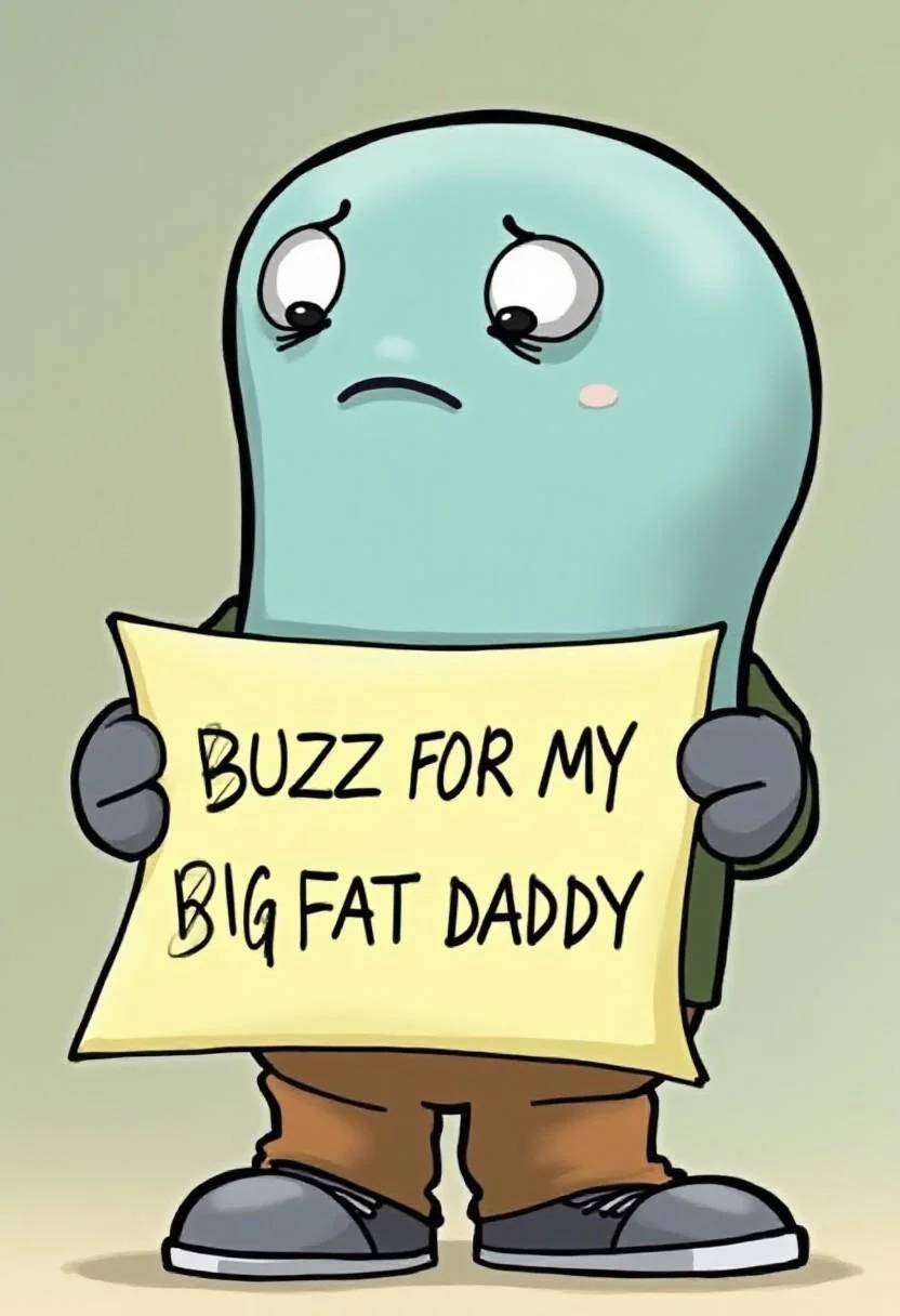 Sad Gumball Watterson from the show "The amazing world of Gumball" holding a sign with text:"BUZZ FOR MY BIG FAT DADDY"