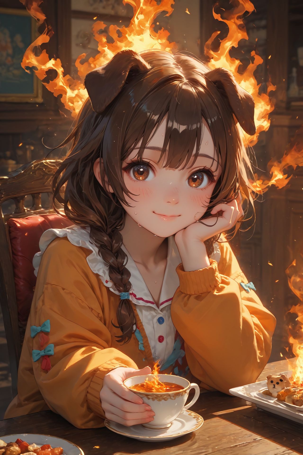 looking at viewer,detailed background,Cinematic Lighting,film grain,score_9,score_8_up,score_7_up,masterpiece,best quality,highly detailed,
<lora:(增强)sdxl_lightning_8step_lora:1>,<lora:glowneon_xl_v1:1>,glowing,<lora:Expressive_H:0.8>,Expressiveh,<lora:th3rm4lXLP:0.4>,th3rm4l,colorful,
1girl,animal ears,brown hair,smile,cup,virtual youtuber,solo,dog ears,brown eyes,(fire:1.2),inugami korone,holding,bangs,sitting,long sleeves,teacup,blush,food,chair,table,sweat,indoors,closed mouth,dog girl,chibi,looking at viewer,(burning:1.2),
