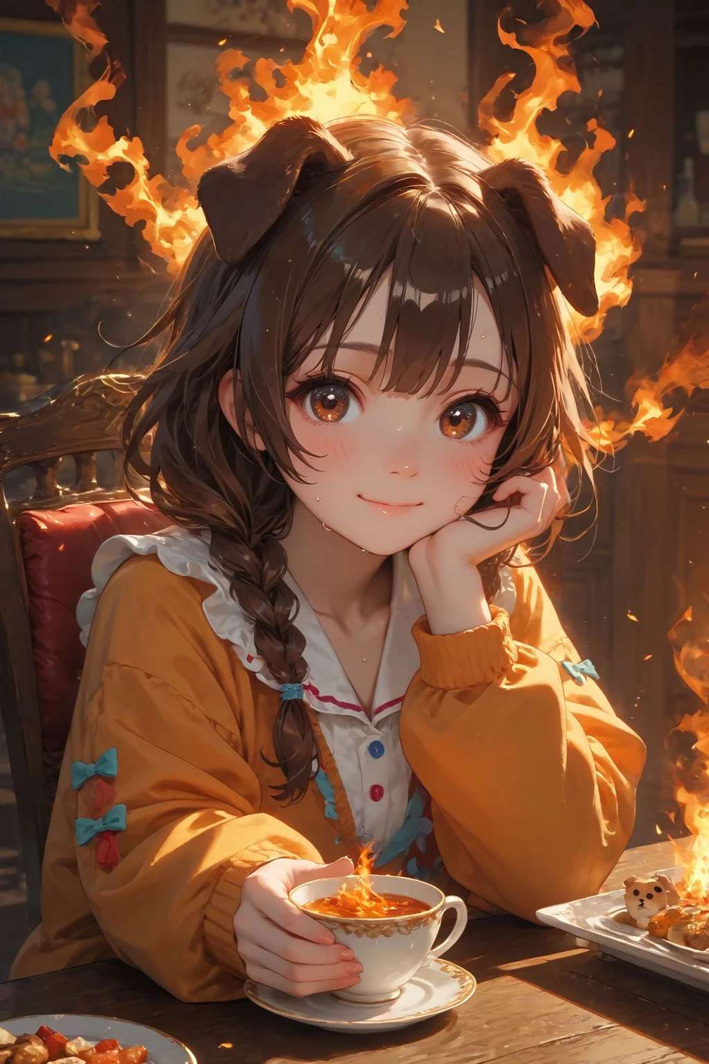 looking at viewer,detailed background,Cinematic Lighting,film grain,score_9,score_8_up,score_7_up,masterpiece,best quality,highly detailed,
<lora:(增强)sdxl_lightning_8step_lora:1>,<lora:glowneon_xl_v1:1>,glowing,<lora:Expressive_H:0.8>,Expressiveh,<lora:th3rm4lXLP:0.4>,th3rm4l,colorful,
1girl,animal ears,brown hair,smile,cup,virtual youtuber,solo,dog ears,brown eyes,(fire:1.2),inugami korone,holding,bangs,sitting,long sleeves,teacup,blush,food,chair,table,sweat,indoors,closed mouth,dog girl,chibi,looking at viewer,(burning:1.2),