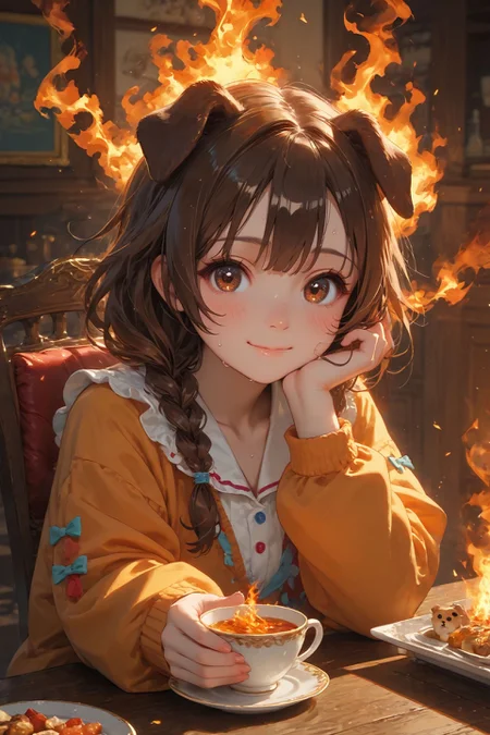 looking at viewer,detailed background,Cinematic Lighting,film grain,score_9,score_8_up,score_7_up,masterpiece,best quality,highly detailed,
<lora:(增强)sdxl_lightning_8step_lora:1>,<lora:glowneon_xl_v1:1>,glowing,<lora:Expressive_H:0.8>,Expressiveh,<lora:th3rm4lXLP:0.4>,th3rm4l,colorful,
1girl,animal ears,brown hair,smile,cup,virtual youtuber,solo,dog ears,brown eyes,(fire:1.2),inugami korone,holding,bangs,sitting,long sleeves,teacup,blush,food,chair,table,sweat,indoors,closed mouth,dog girl,chibi,looking at viewer,(burning:1.2),