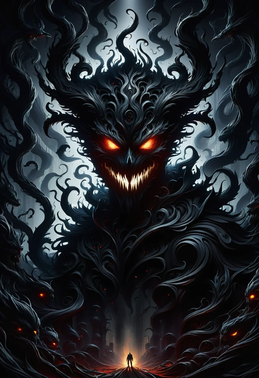 hyper detailed masterpiece, dynamic, awesome quality, DonMN1gh7D3m0nXL memory, behavioral modification, id, ego, and superego, small-world network, angry, made of shadow <lora:DonMN1gh7D3m0nXL-v1.1-000008:1>