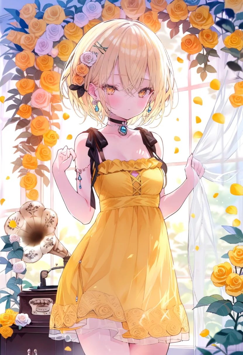 masterpiece, best quality, <lora:oninekoXL_ANI31_lokr_V43P1:0.95> 1girl, flower, solo, hair ornament, dress, curtains, blonde hair, short hair, hair flower, choker, looking at viewer, rose, yellow flower, curtain grab, yellow eyes, yellow dress, sleeveless, white flower, blush, collarbone, hairclip, black choker, cowboy shot, hair between eyes, sleeveless dress, window, petals, yellow rose, closed mouth, bare shoulders, standing, jewelry, white rose, ribbon, phonograph, breasts, small breasts, indoors, black ribbon, hands up, earrings, see-through, transparent