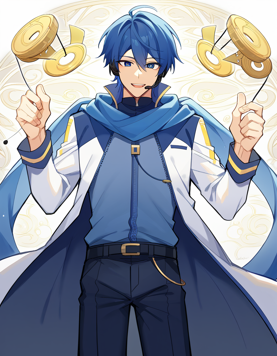 score_9, score_8_up, score_7_up, source_anime, <lora:vocaloid-kaito-ponyxl-lora-nochekaiser:1>, kaito, kaito (vocaloid), blue eyes, blue hair, male focus,, belt, blue pants, blue scarf, blue shirt, coat, headset, microphone, pants, scarf, see-through clothes, zipper, ballroom, dance floor, chandeliers, formal wear, smile, <lora:pendulum-ponyxl-lora-nochekaiser:1>, pendulum, holed coin, coin on string, hypnosis, mind control, coin, @ @,, looking at viewer, solo,, dutch angle, cowboy shot