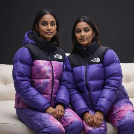 (full body shot) cute two indian 40 year old women wearing Tie-dye designs  tnf_nuptse jacket and thick puffy double layered tnf_nuptse puffer salopettes, hyperdetailed photography,4k textures,intricate details,4k resolution   <lora:pufferdown_tnf_nuptse:0.5>, sitting on a couch, in a dark room, cinematic still
