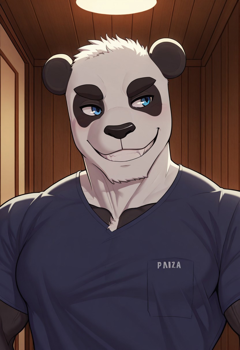 <lora:BryanSL:0.9>, solo, bryanliu, panda, male, manly, masculine, blue eyes, blue shirt, white pants, face focus, portrait, grin, upper body, bedroom BREAK masterpiece, best quality, amazing quality, very aesthetic, high resolution, cinematic lighting, extremely-detailed, absurd res, newest, detailed fur, detailed muscles, furry male, short black tail