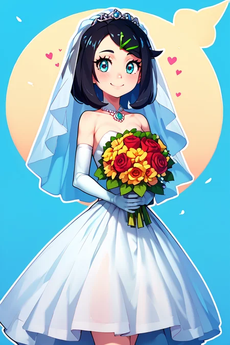 score_9, score_8_up, score_8, medium breasts, (curvy), cute, eyelashes, BREAK, , Liko, hairclip, <lora:Liko-Idkanymore50:0.8>, , BREAK, smile, looking at viewer, bride, wedding dress, bridal veil, strapless dress, elbow gloves, holding bouquet, hearts, white outline, cowboy shot, embedding:zPDXL, Expressiveh, <lora:CatalystStylePDXL:0.6>, <lora:SDXLFaeTastic2400:0.5>, <lora:Expressive_H-000001:0.4>,